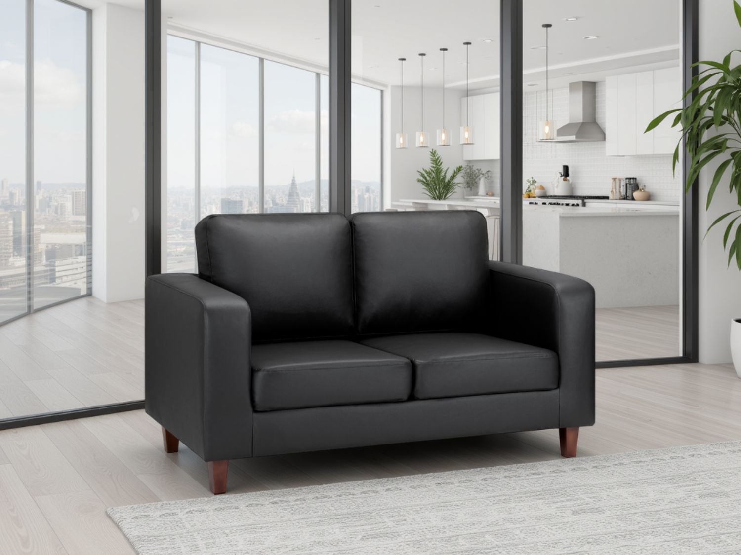 Black Leather Effect 2 Seater Sofa Wooden Feet