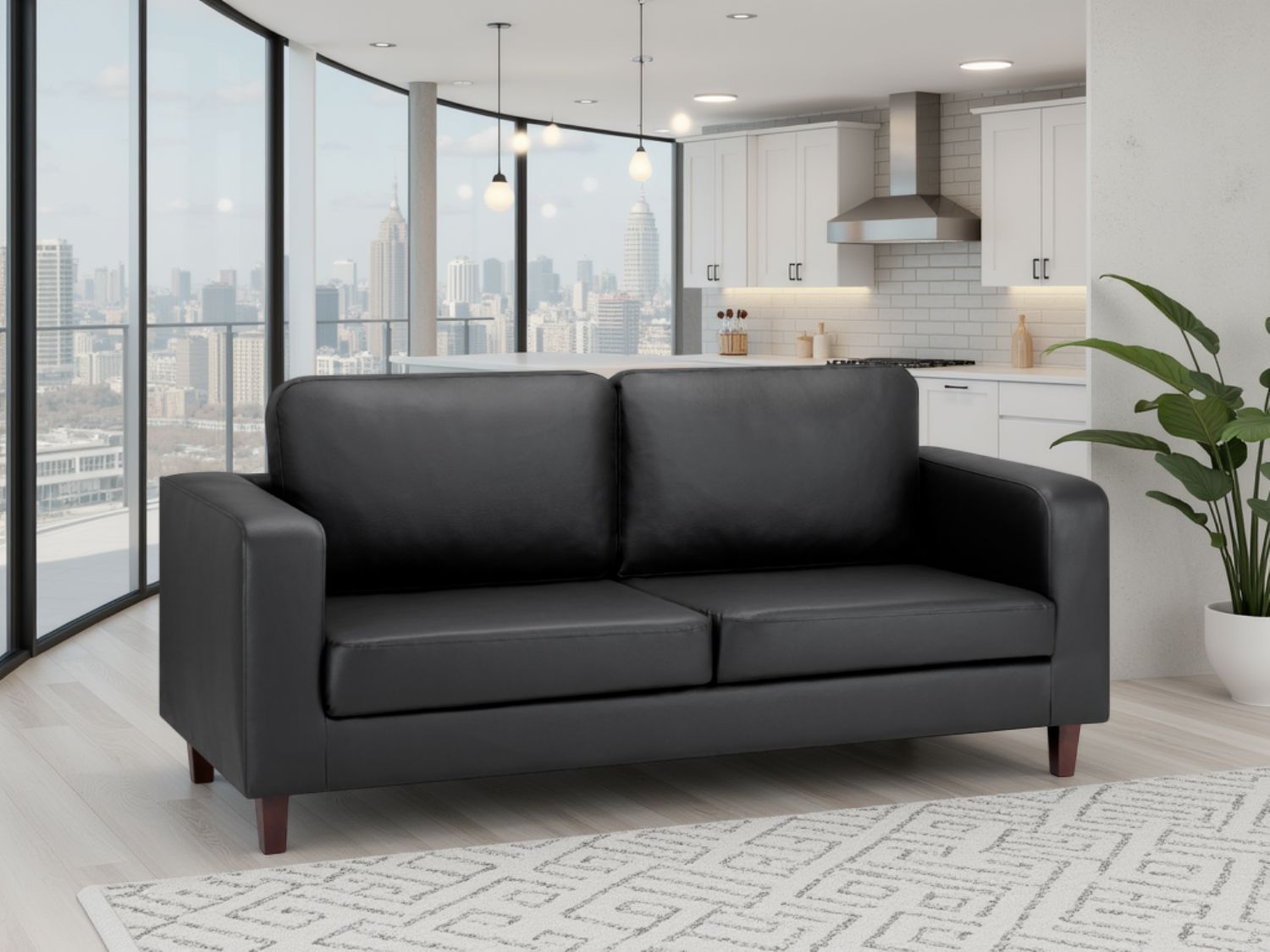 Black Leather 3 Seater Sofa Walnut Wooden Feet