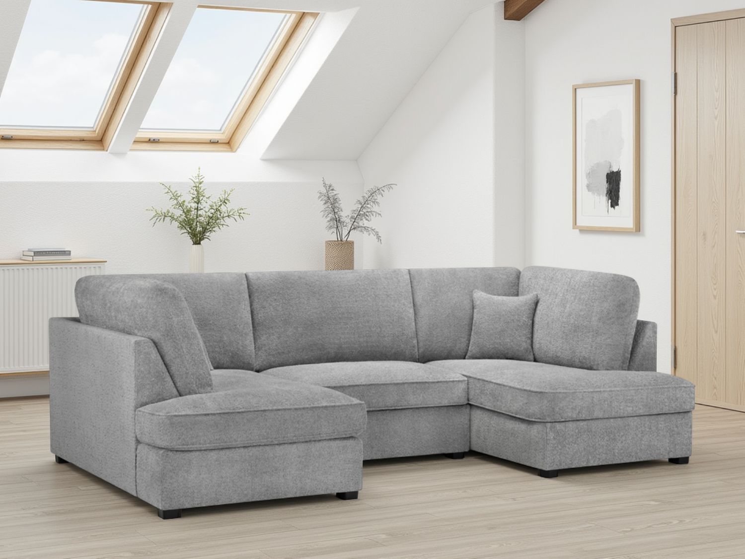 Grey Boucle Fabric U Shape Corner Sofa