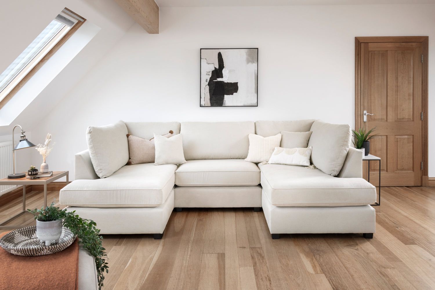 Beige Fabric U Shape Corner Sofa Black Feet