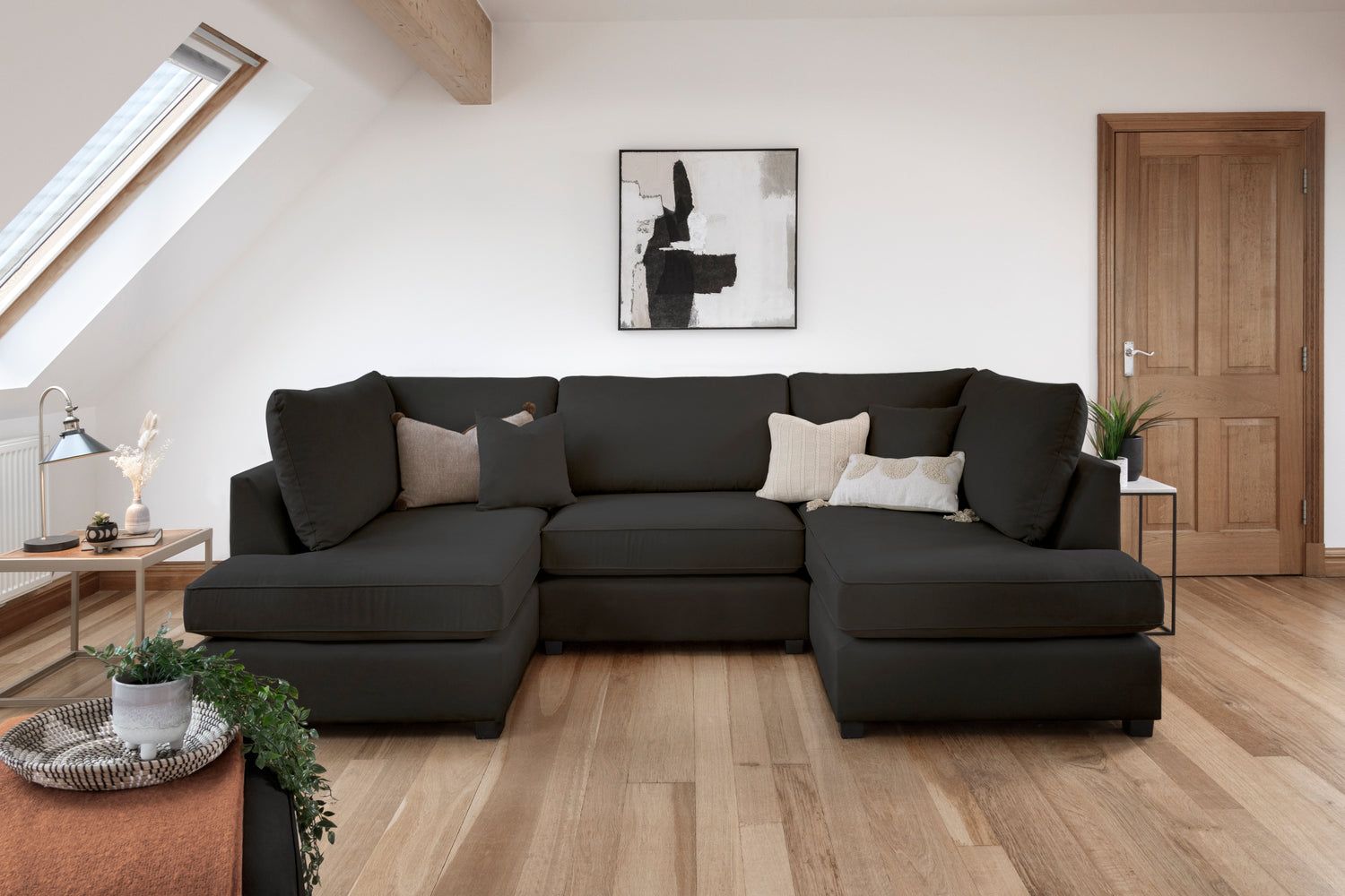 Black Fabric Upholstered U Shape Corner Sofa