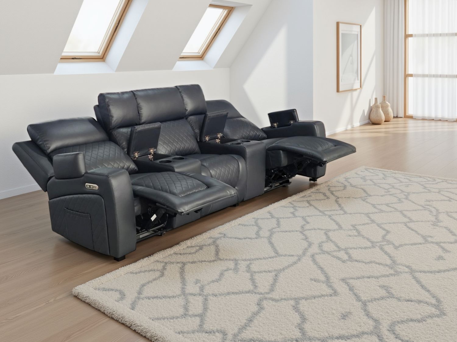 Black Leather Cinema 3 Seater Electric Recliners Sofa