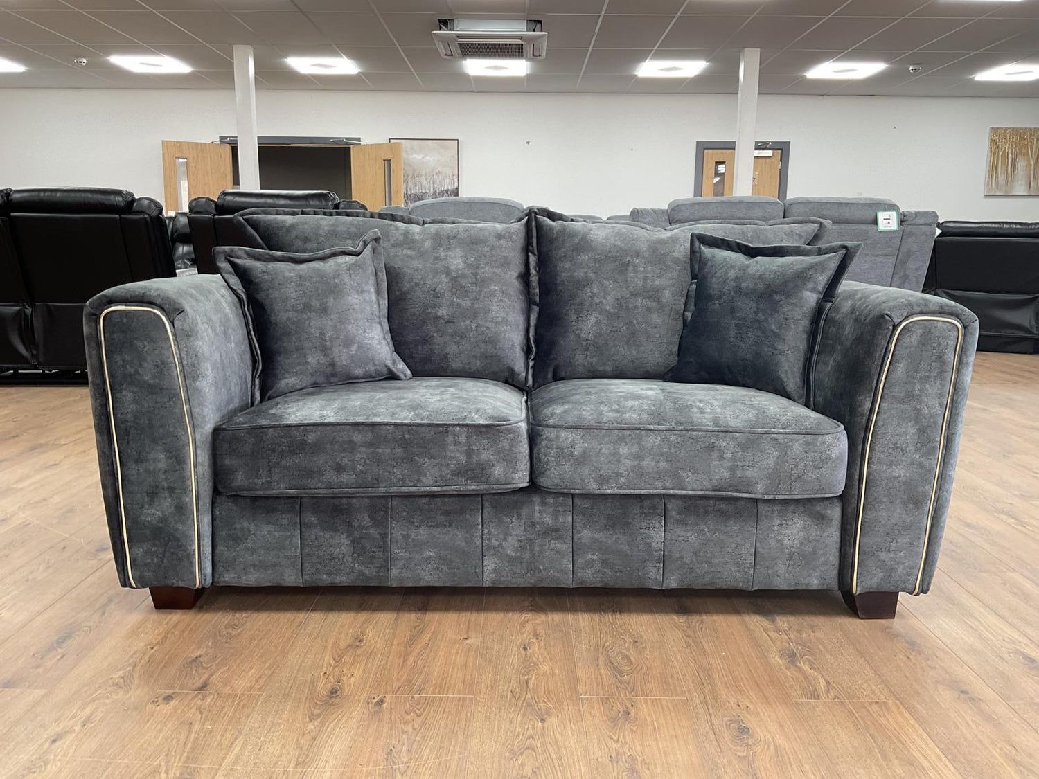 Charcoal Black Velvet Fabric 2 Seater Sofa Metal Trim Arms