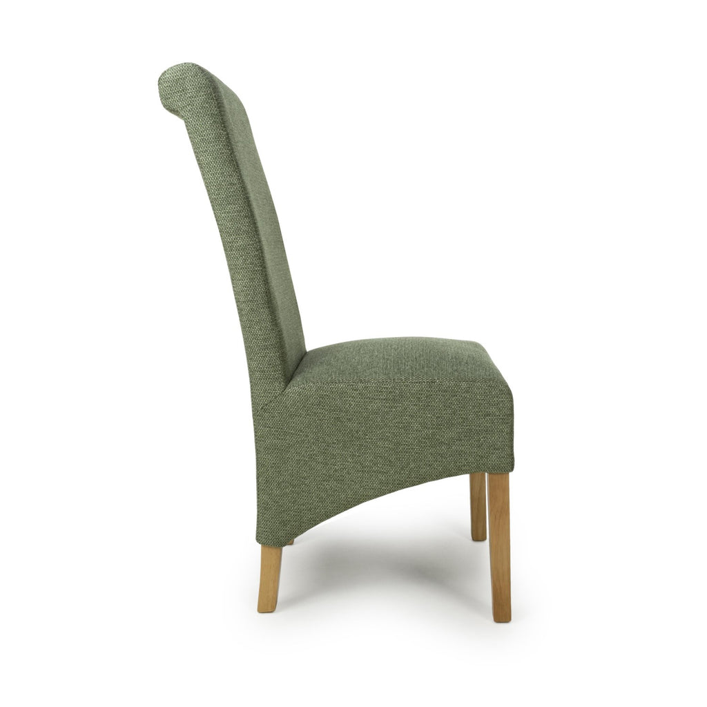 Green Fabric Scroll Back Dining Chair Light Wood Legs