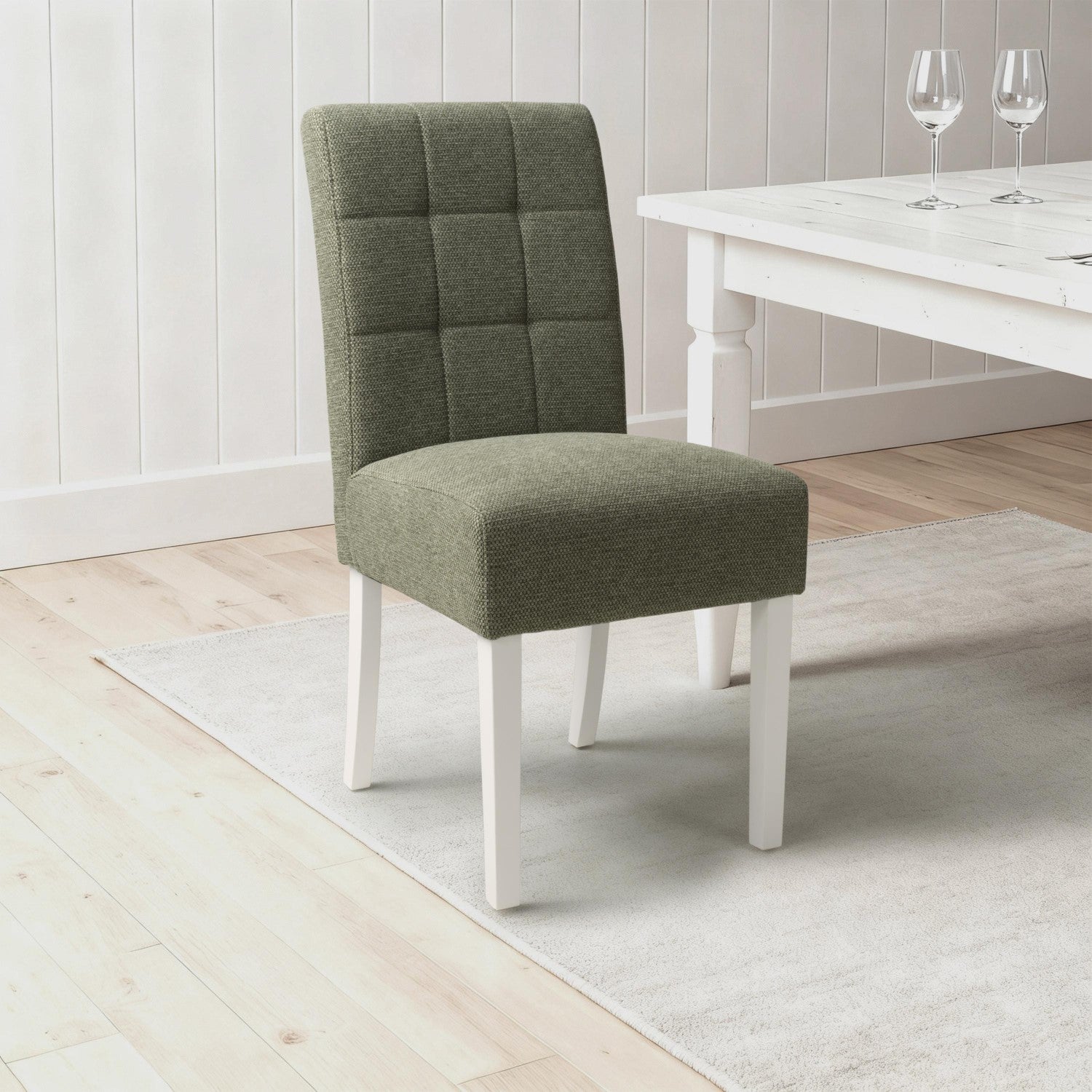 Green Fabric Waffle Back Dining Chair with White Wooden Legs