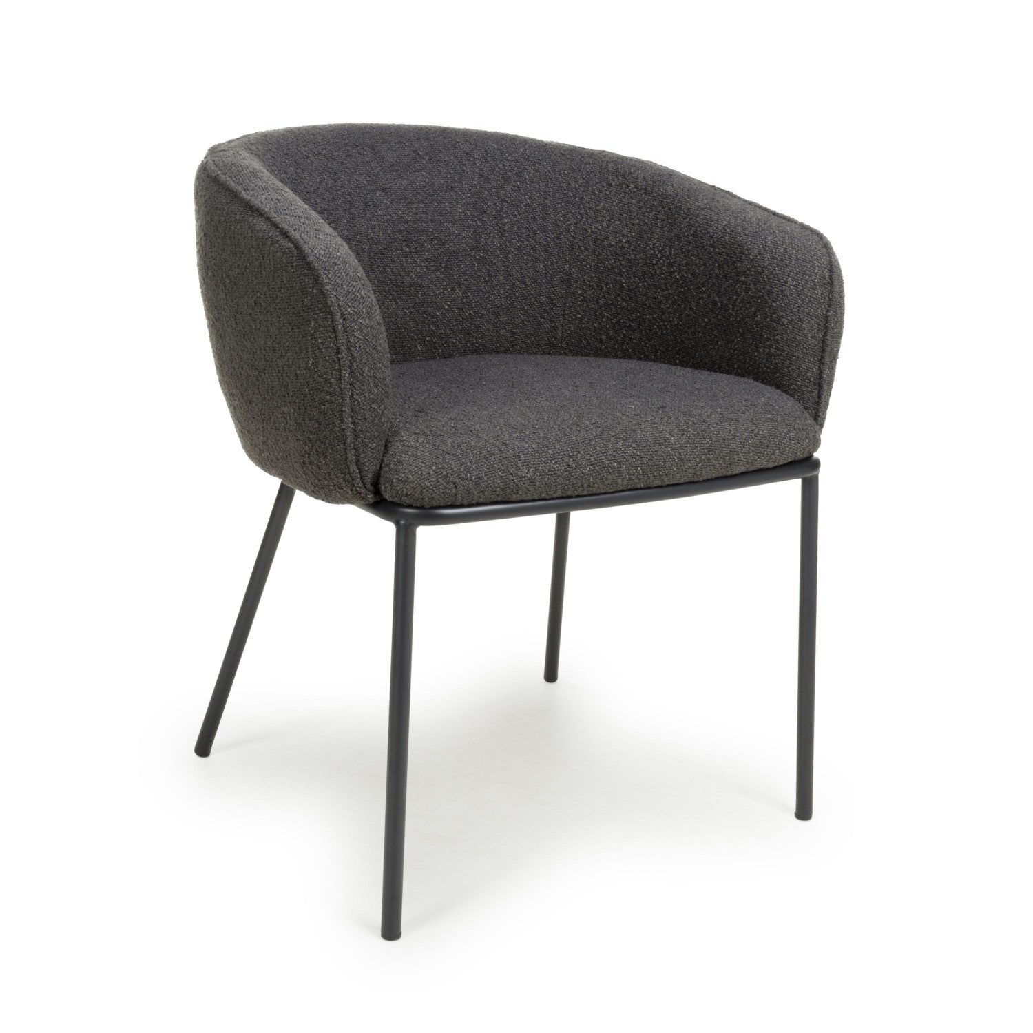 Grey Boucle Fabric Curved Dining Tub Chair Black Metal Legs