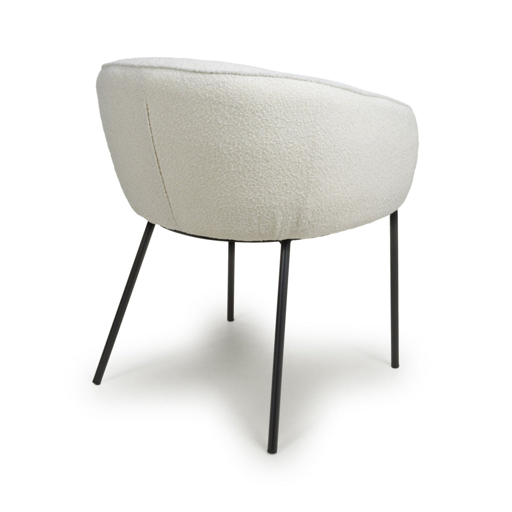White Boucle Fabric Curved Tub Dining Chair Black Metal Legs