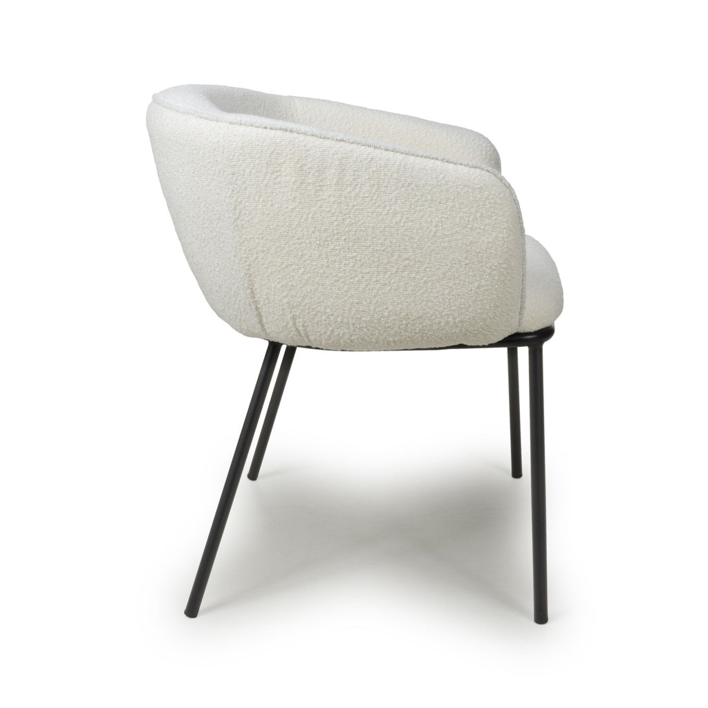 White Boucle Fabric Curved Tub Dining Chair Black Metal Legs