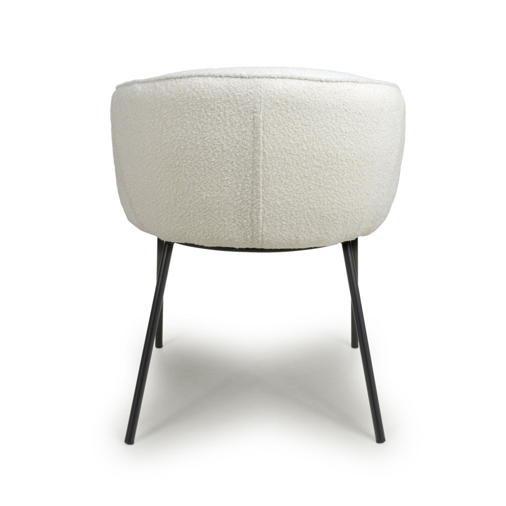 White Boucle Fabric Curved Tub Dining Chair Black Metal Legs
