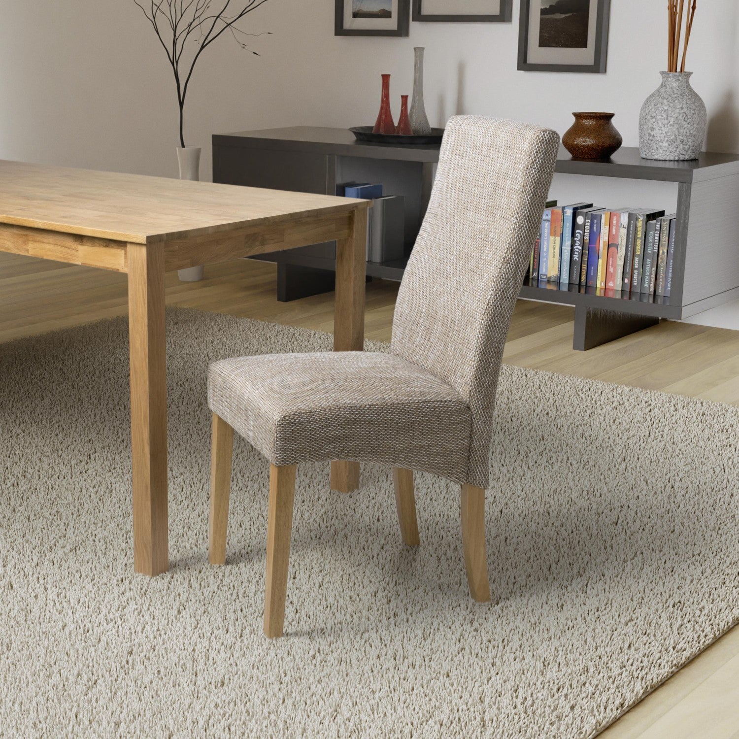 Tweed Oatmeal Fabric Dining Chair with Wooden Legs