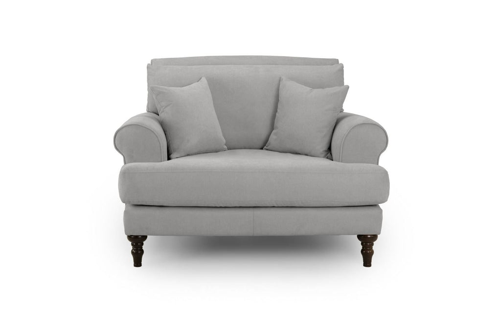 Grey Fabric Scrolled Armed Armchair Turned Wooden Legs