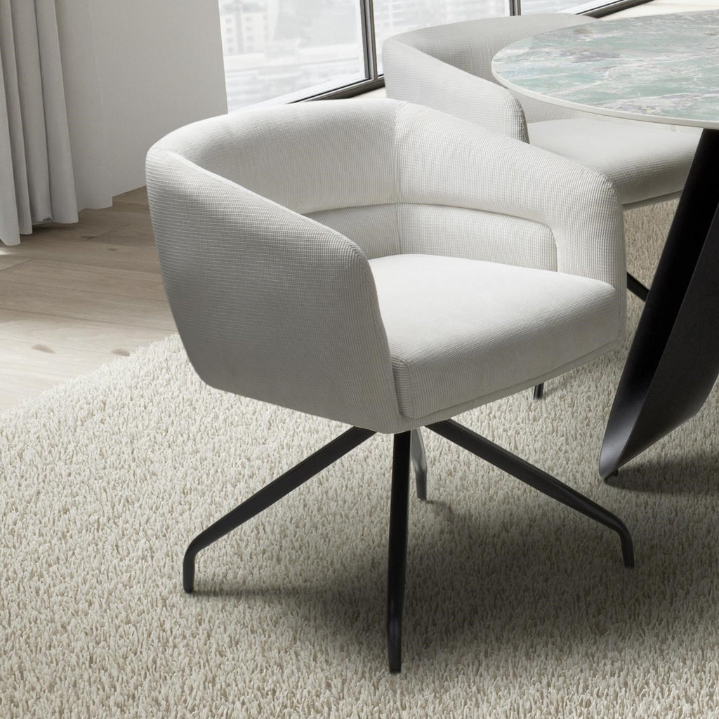 White Fabric Ribbed Swivel Dining Chair with Metal Legs