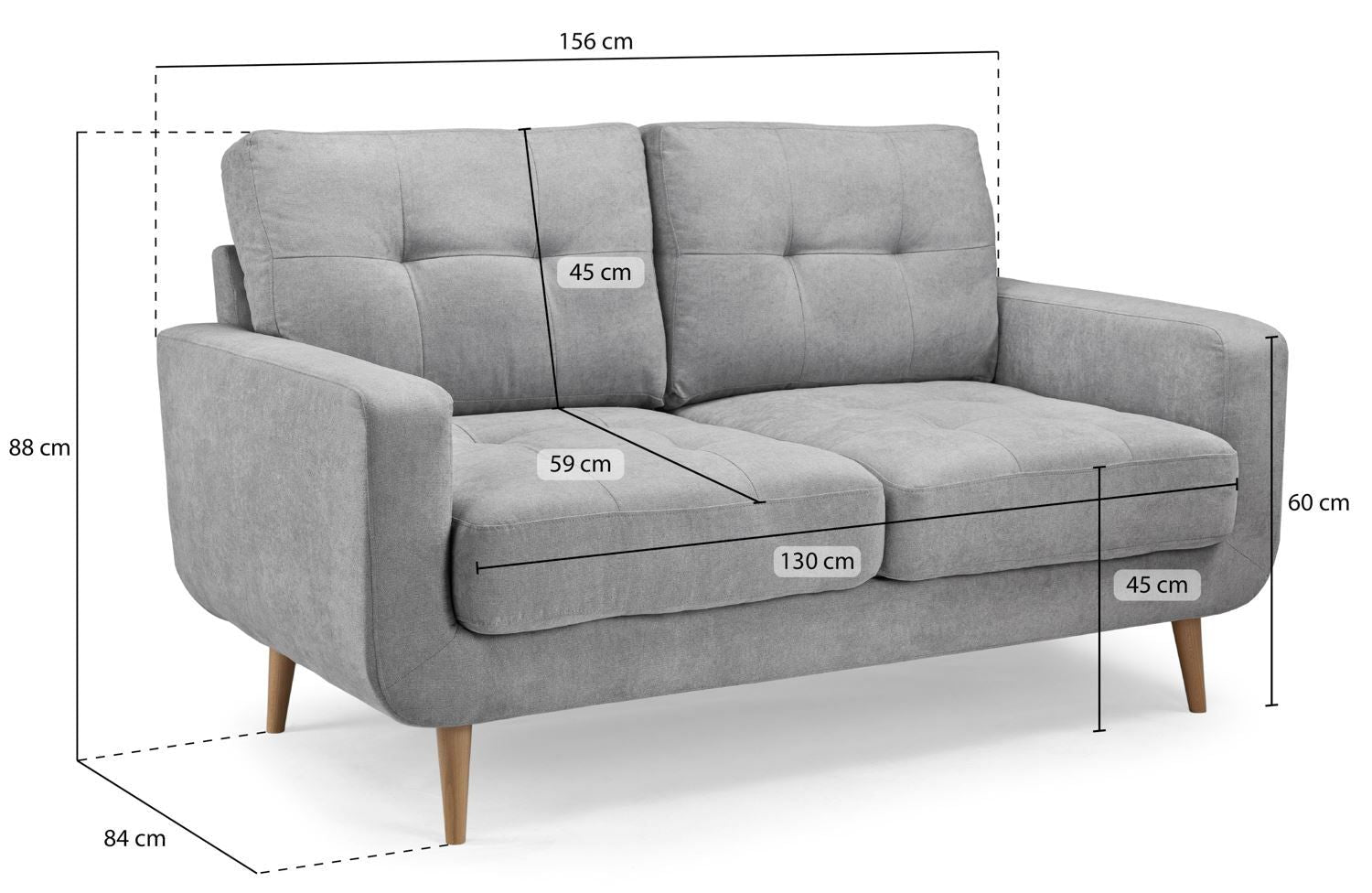 Grey Fabric Tufted 2 Seater Sofa Oak Legs