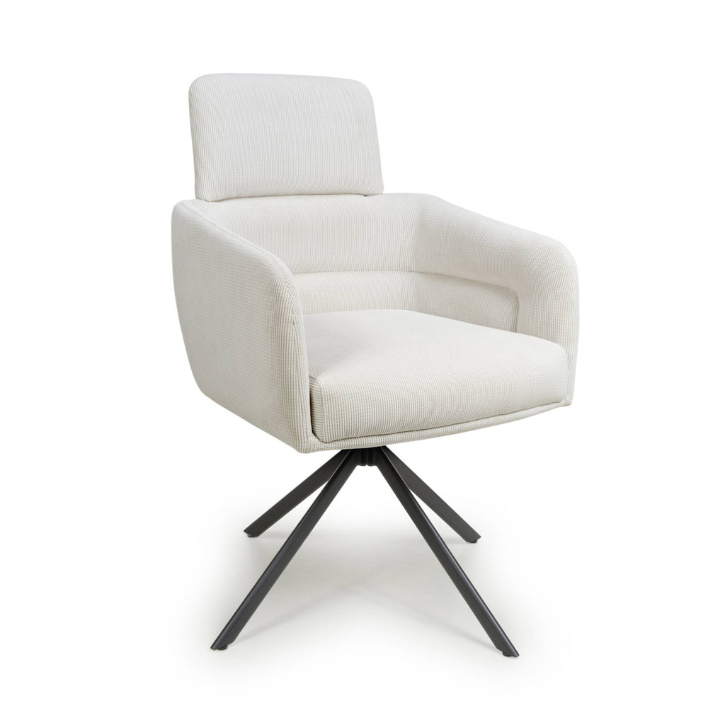 White Corduroy Fabric Swivel Dining Chair with Black Legs