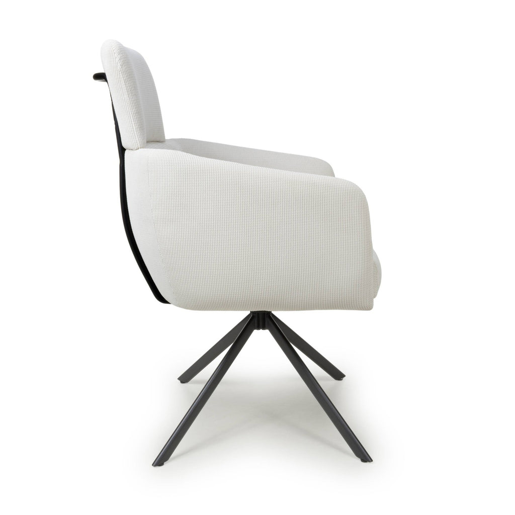 White Corduroy Fabric Swivel Dining Chair with Black Legs