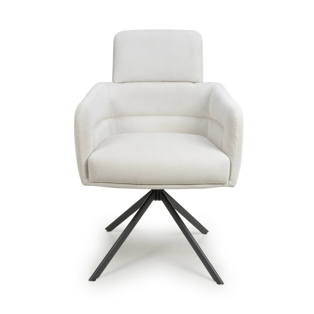 White Corduroy Fabric Swivel Dining Chair with Black Legs