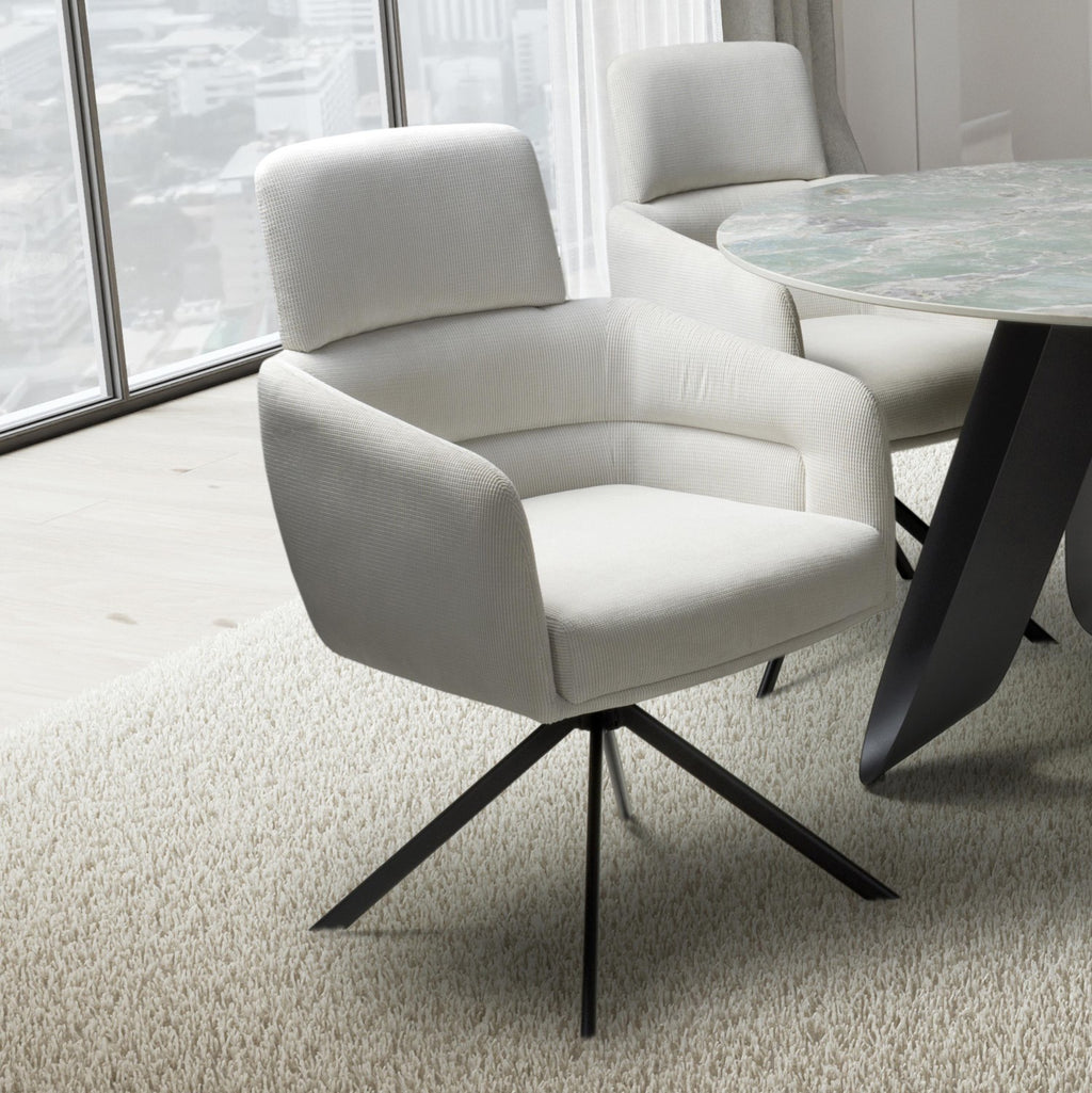 White Corduroy Fabric Swivel Dining Chair with Black Legs