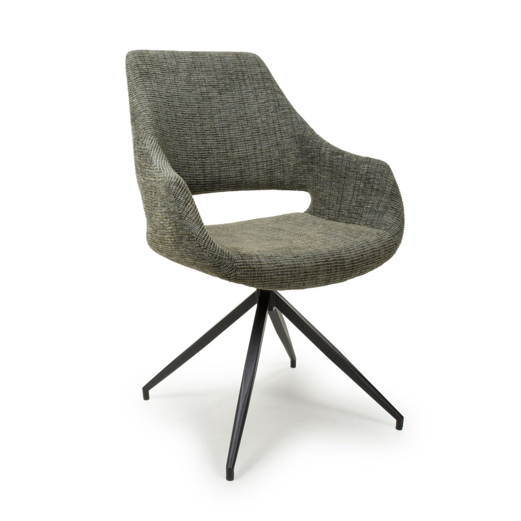 Tweed Green Fabric Slop Back Swivel Dining Chair Black Legs