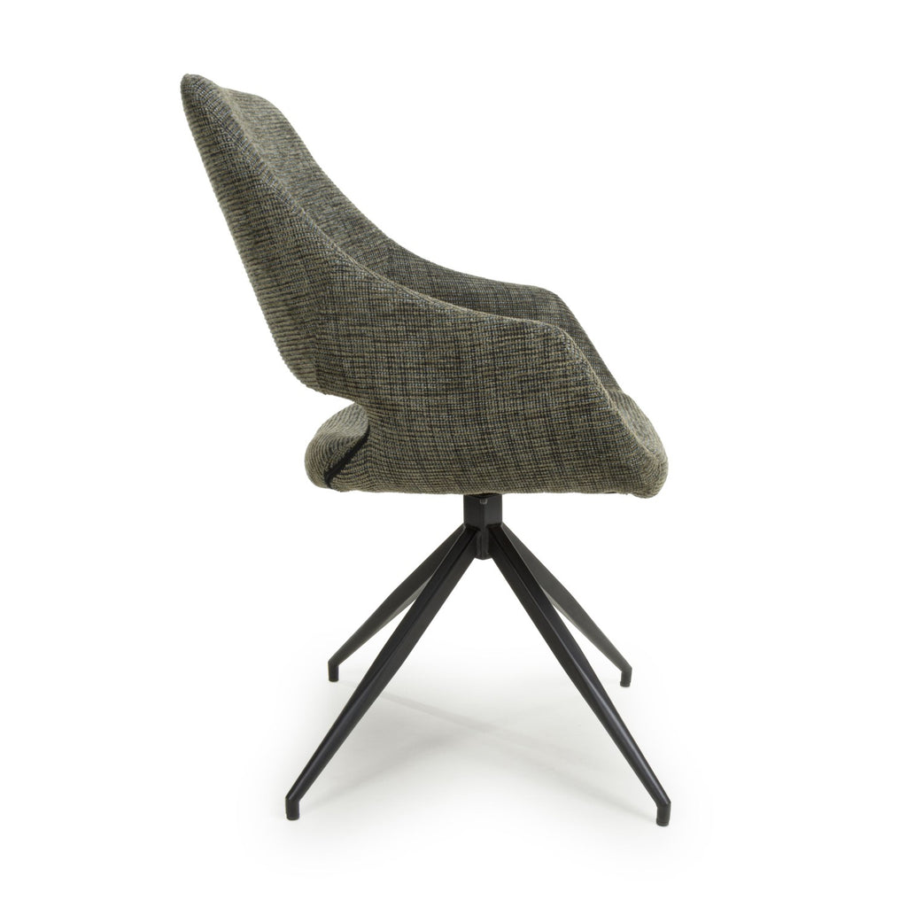 Tweed Green Fabric Slop Back Swivel Dining Chair Black Legs