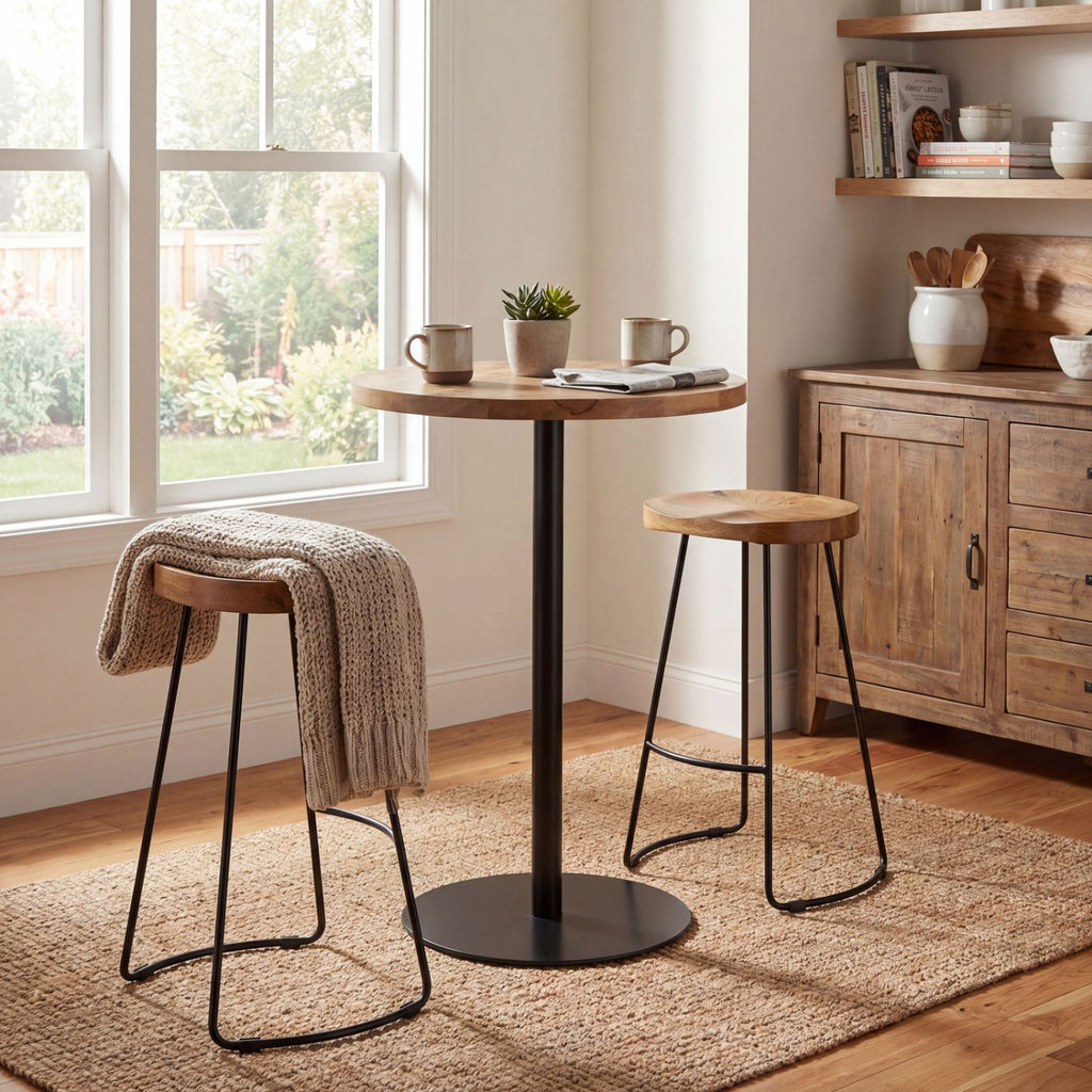 Industrial Style Tall Bar Table With Round Wood Top And Black Finish Metal Base 98x80cm