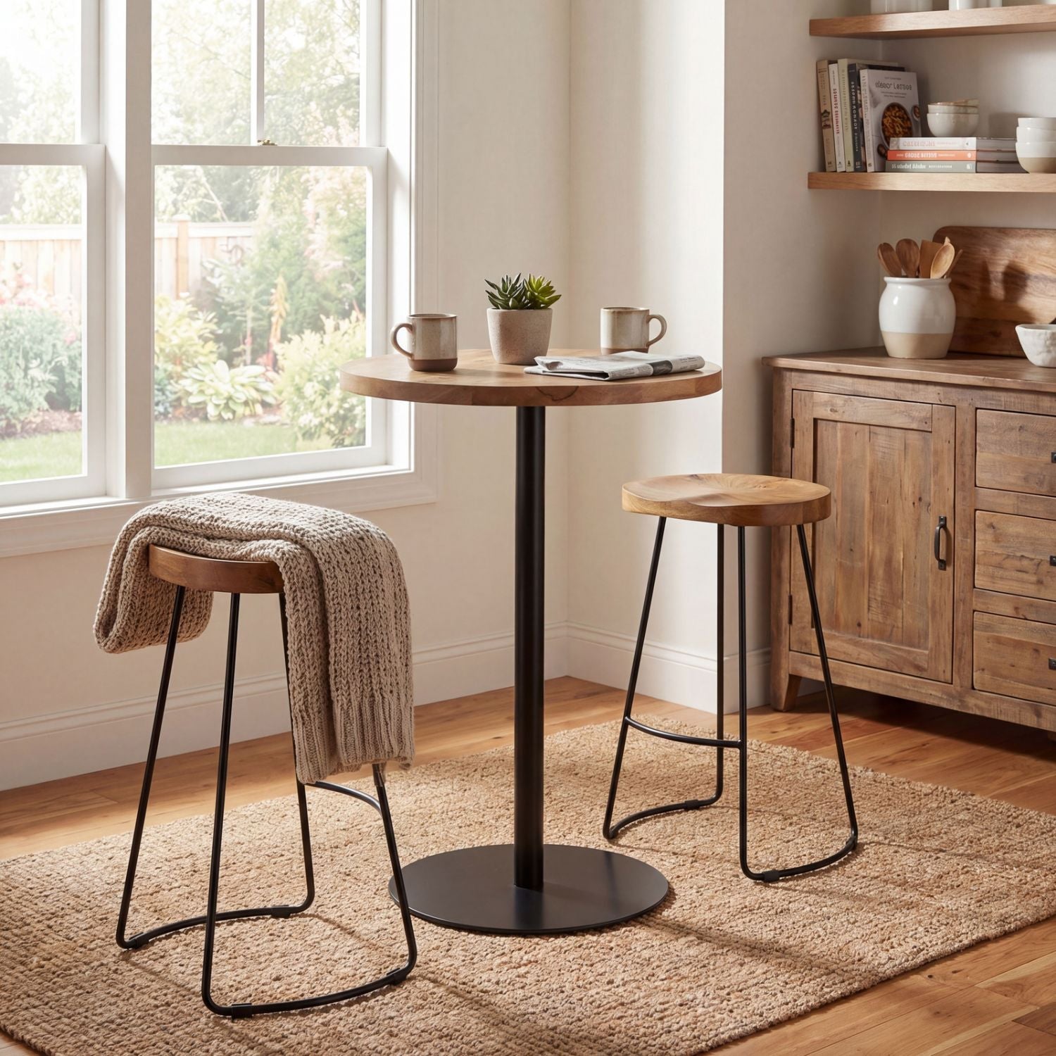 Industrial Style Tall Bar Table With Round Wood Top And Black Finish Metal Base 98x80cm