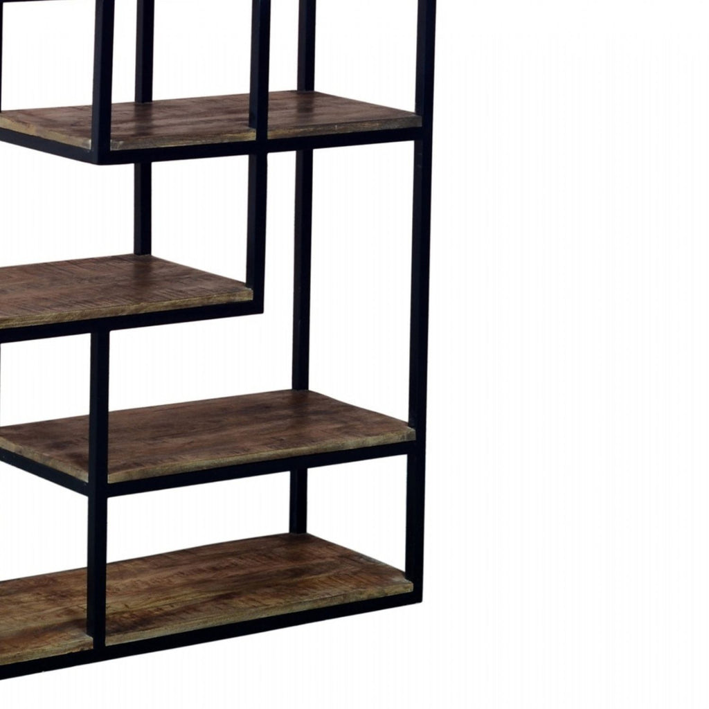 Multi Shelf Industrial 215cm Tall Black Metal Framed Brown Wooden Bookcase Shelf Unit