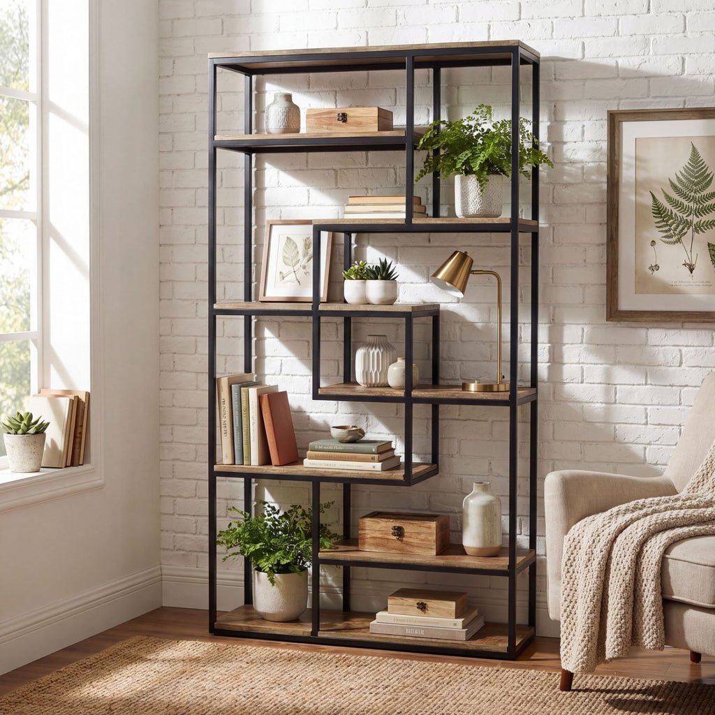 Multi Shelf Industrial 215cm Tall Black Metal Framed Brown Wooden Bookcase Shelf Unit