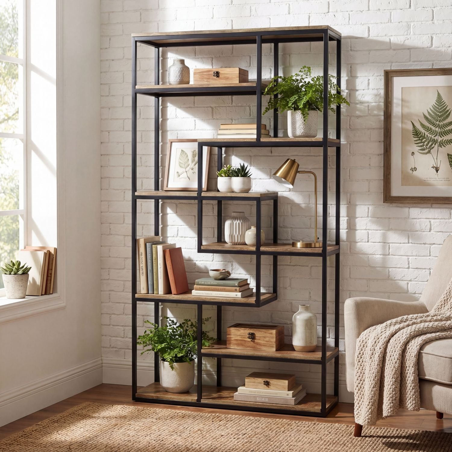 Multi Shelf Industrial 215cm Tall Black Metal Framed Brown Wooden Bookcase Shelf Unit