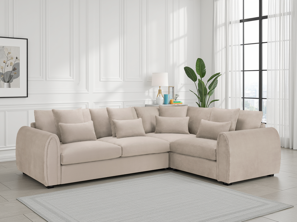 Mocha velvet right-hand-facing corner sofa in a living room