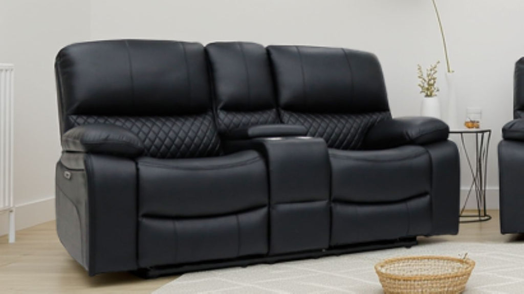 Black Leather 2 Seater Electric Recliner Sofa with Console