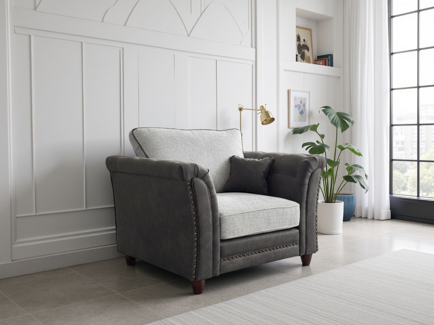 Dual Tone Grey Velvet Fabric Buttoned Armchair