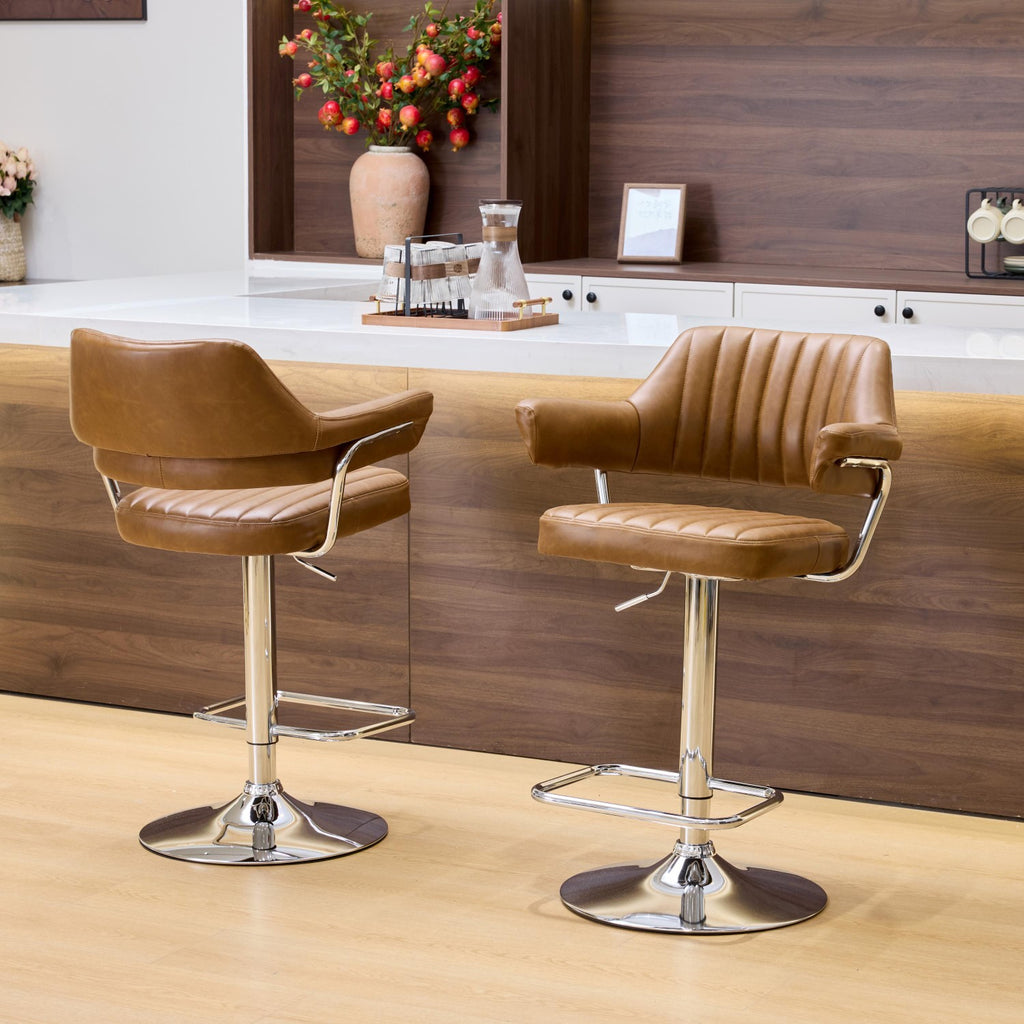 Tan Leather Effect Swivel Bar Stool with Chrome Base