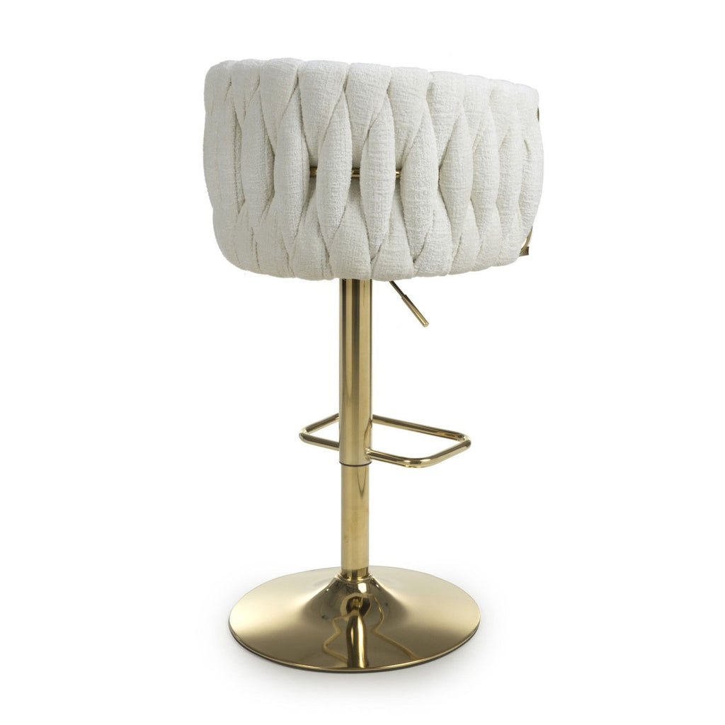 Cream Linen Fabric Adjustable Swivel Bar Stool Gold Legs