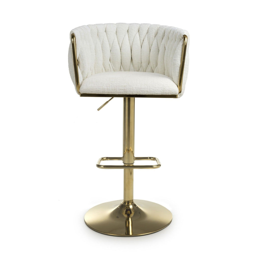 Cream Linen Fabric Adjustable Swivel Bar Stool Gold Legs