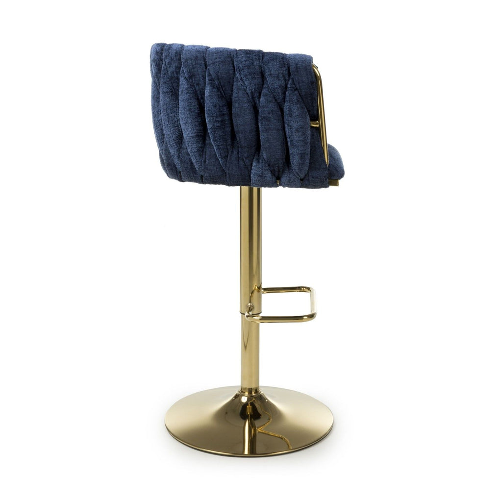 Blue Linen Fabric Adjustable Swivel Bar Stool Gold Legs