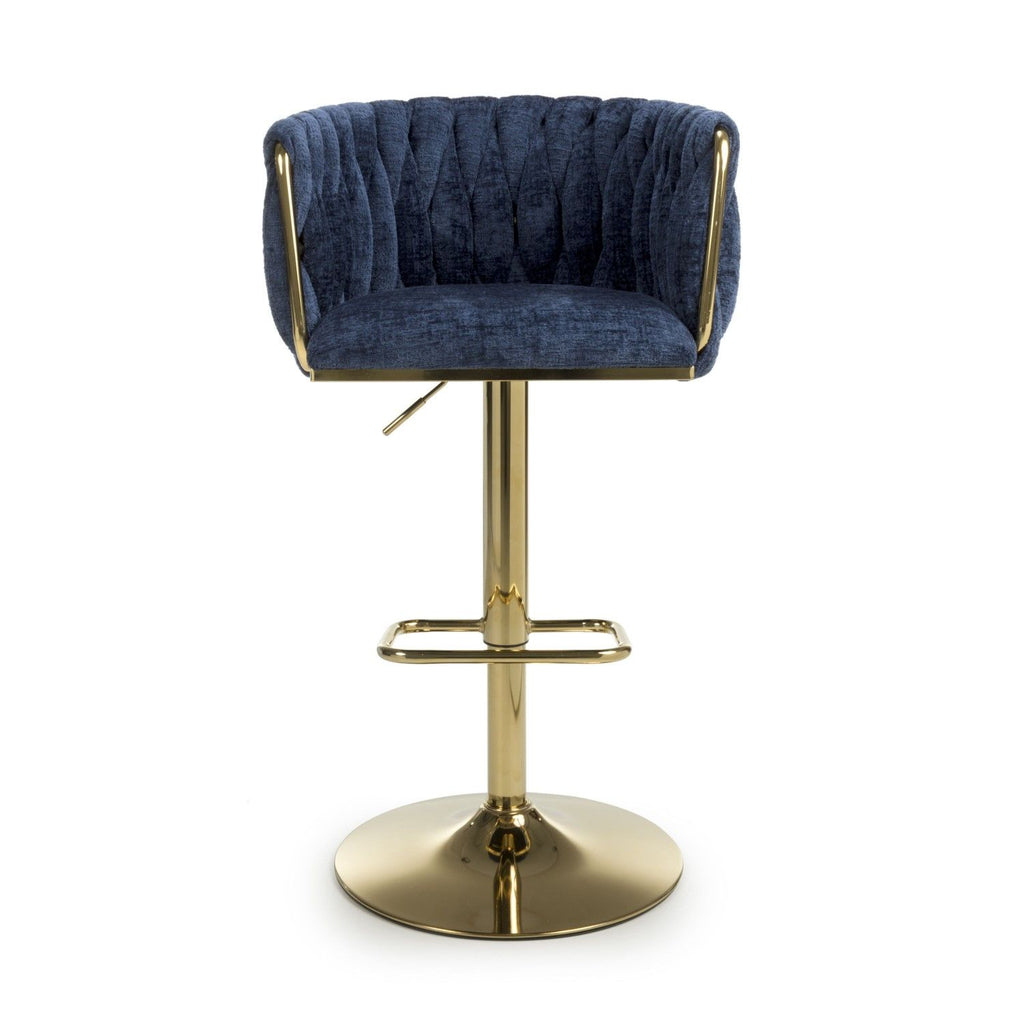 Blue Linen Fabric Adjustable Swivel Bar Stool Gold Legs