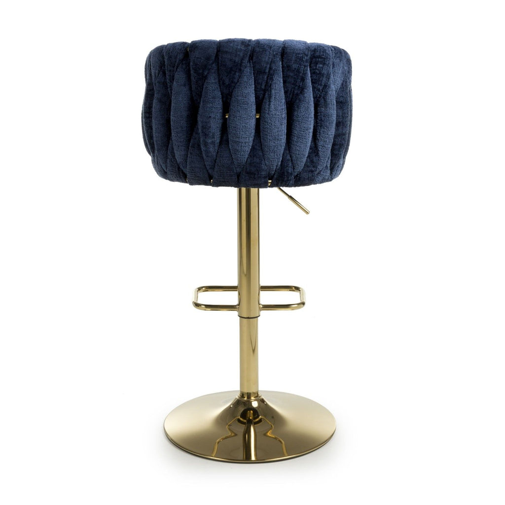 Blue Linen Fabric Adjustable Swivel Bar Stool Gold Legs
