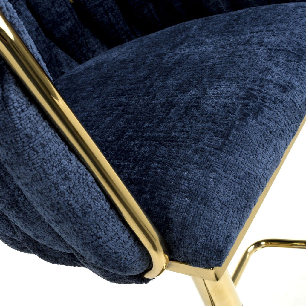 Blue Linen Fabric Adjustable Swivel Bar Stool Gold Legs