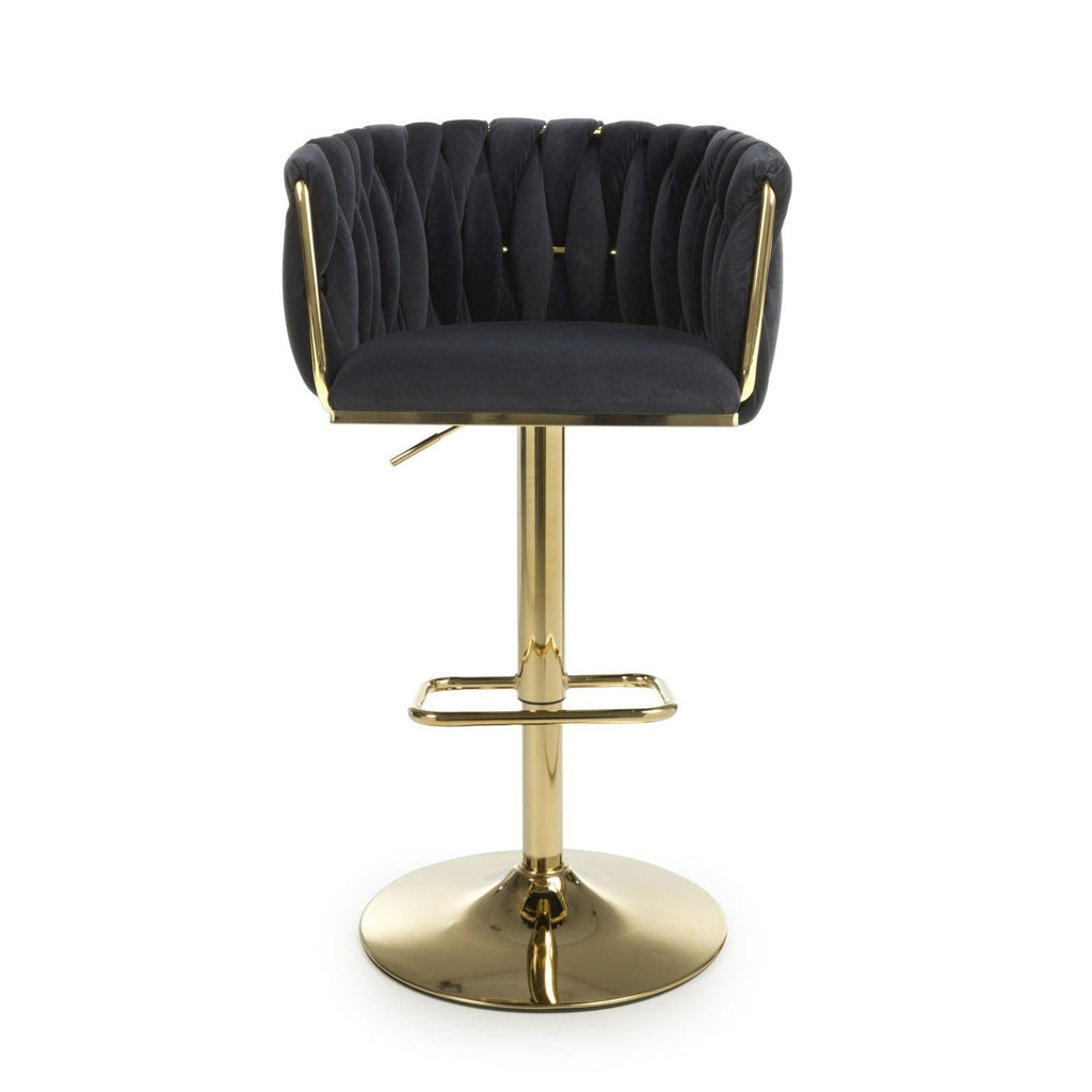 Black Velvet Fabric Adjustable Swivel Bar Stool Gold Legs