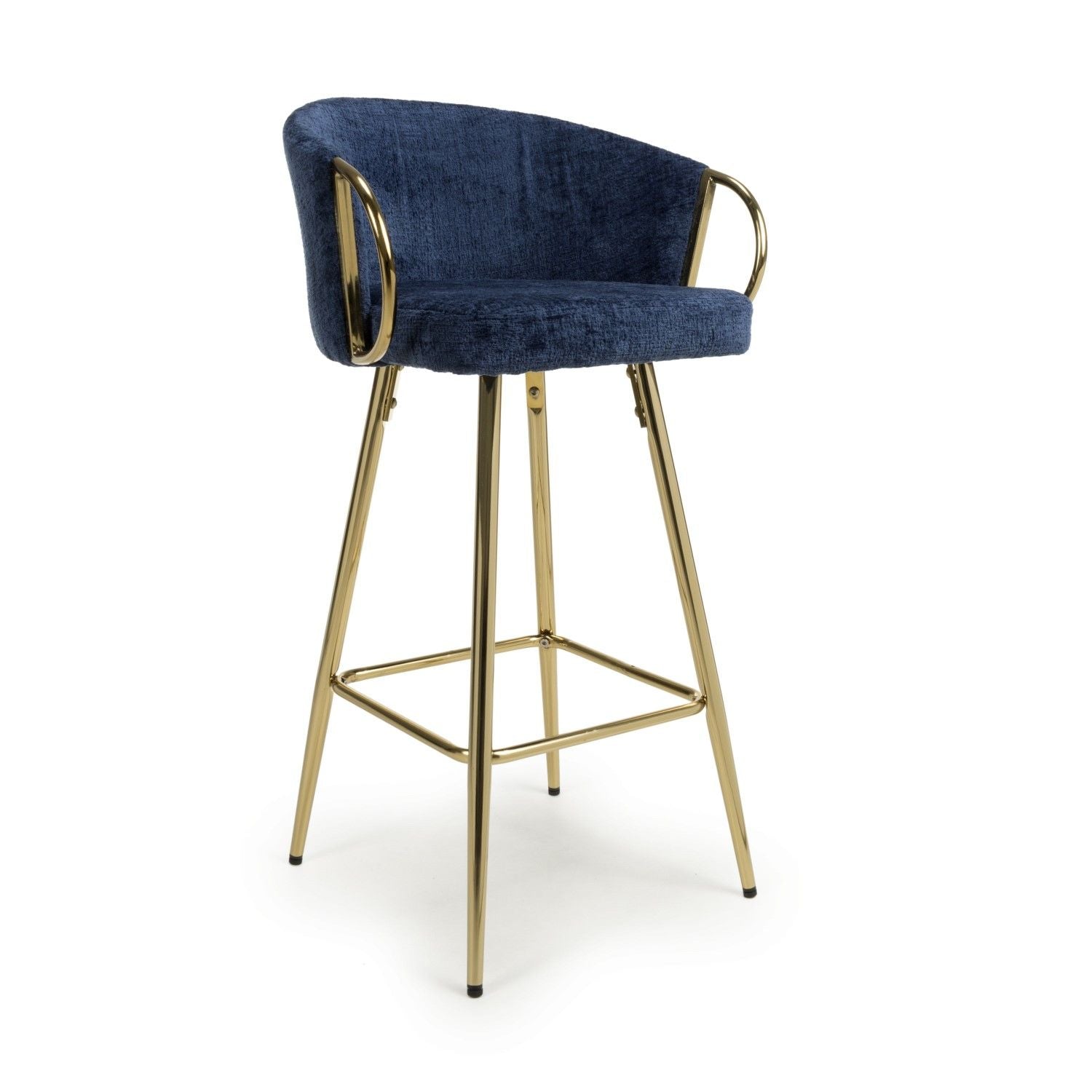 Blue Textured Fabric Kitchen Bar Stool Gold Framed