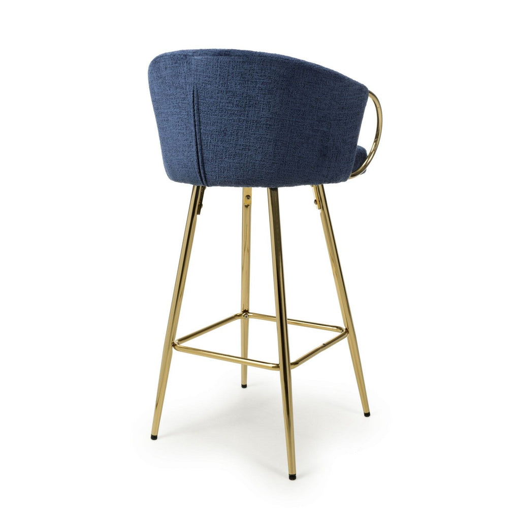 Blue Textured Fabric Kitchen Bar Stool Gold Framed