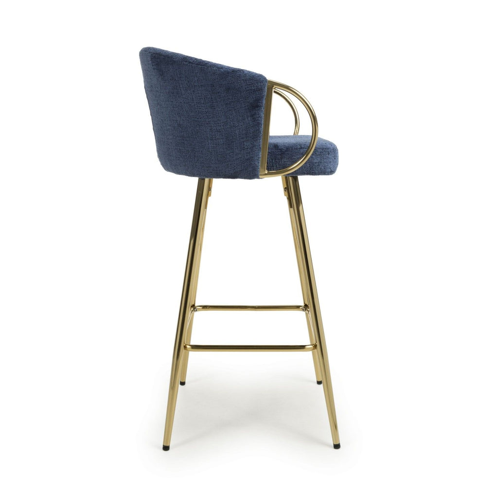 Blue Textured Fabric Kitchen Bar Stool Gold Framed