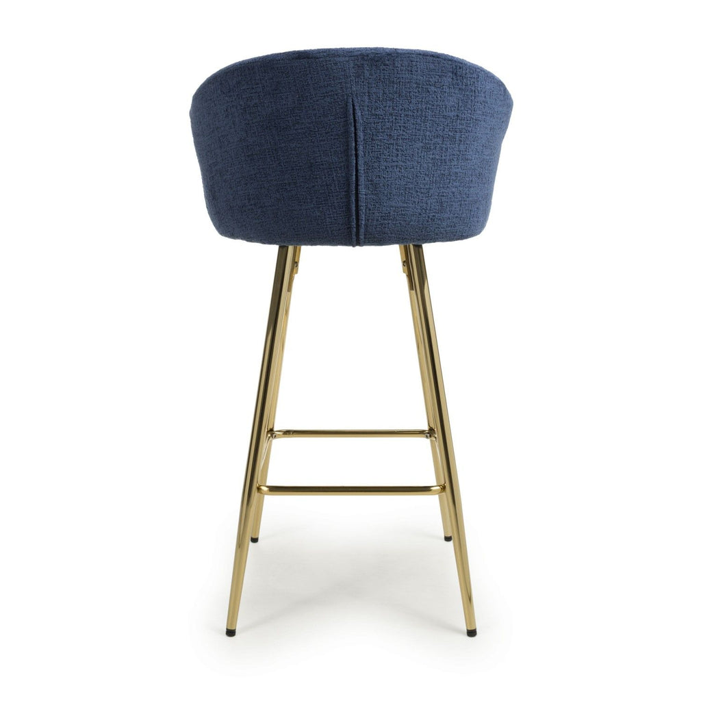 Blue Textured Fabric Kitchen Bar Stool Gold Framed