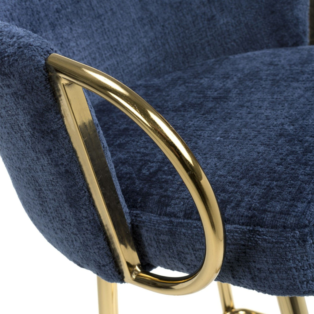 Blue Textured Fabric Kitchen Bar Stool Gold Framed
