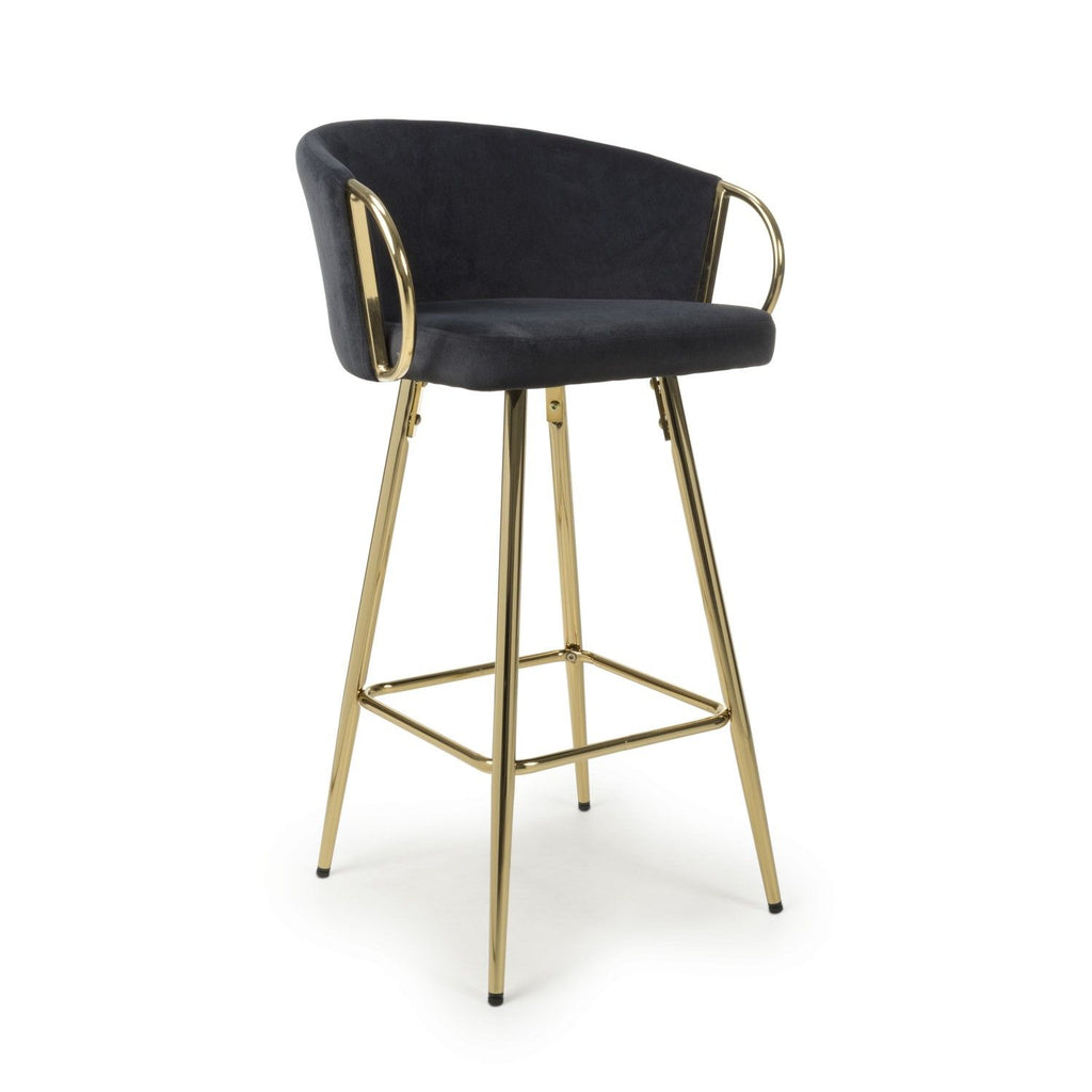 Black Velvet Curved Bar Stool with Footrest Gold Frame