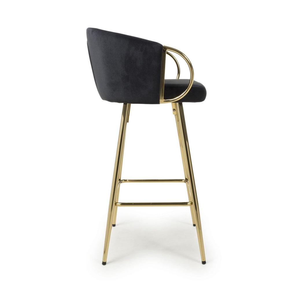 Black Velvet Curved Bar Stool with Footrest Gold Frame