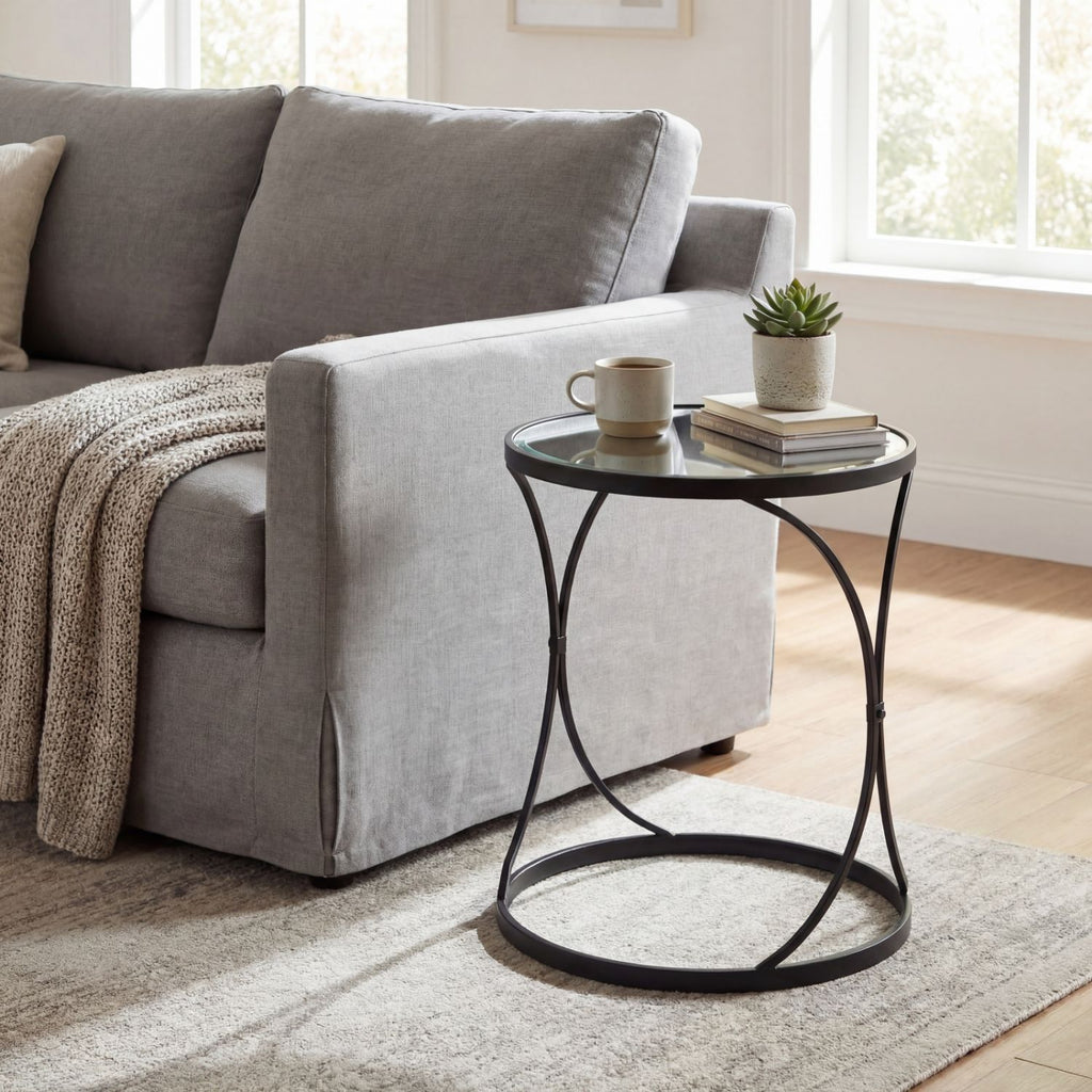 Concaved Set Of Two Black Mirrored Side Tables