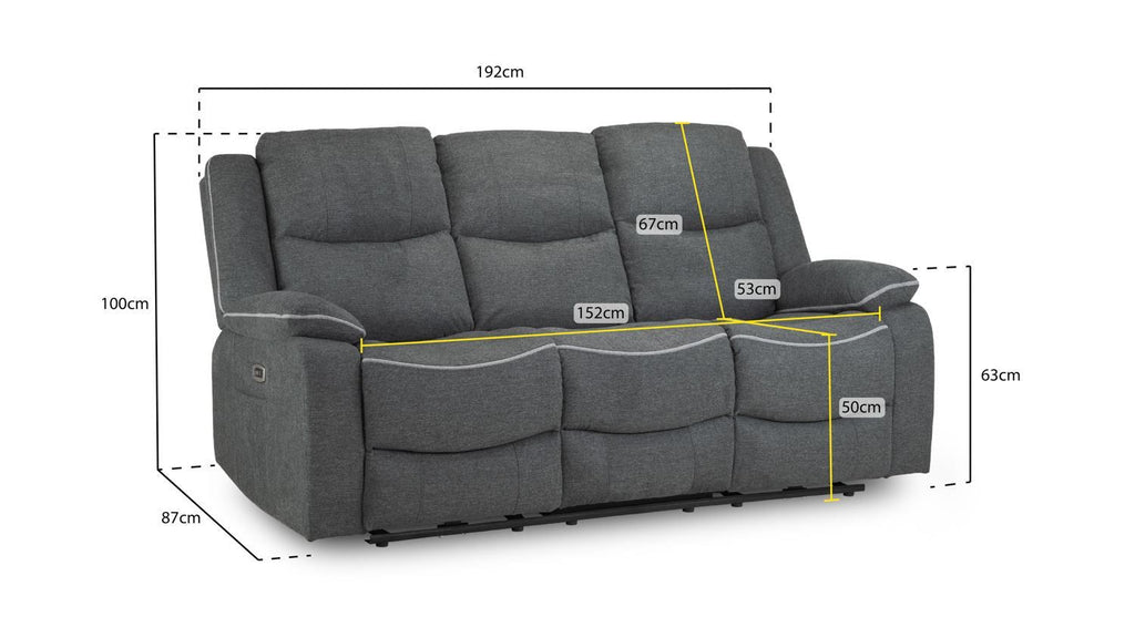 Grey Fabric 3 Seater High Back Electric Recliner Sofa