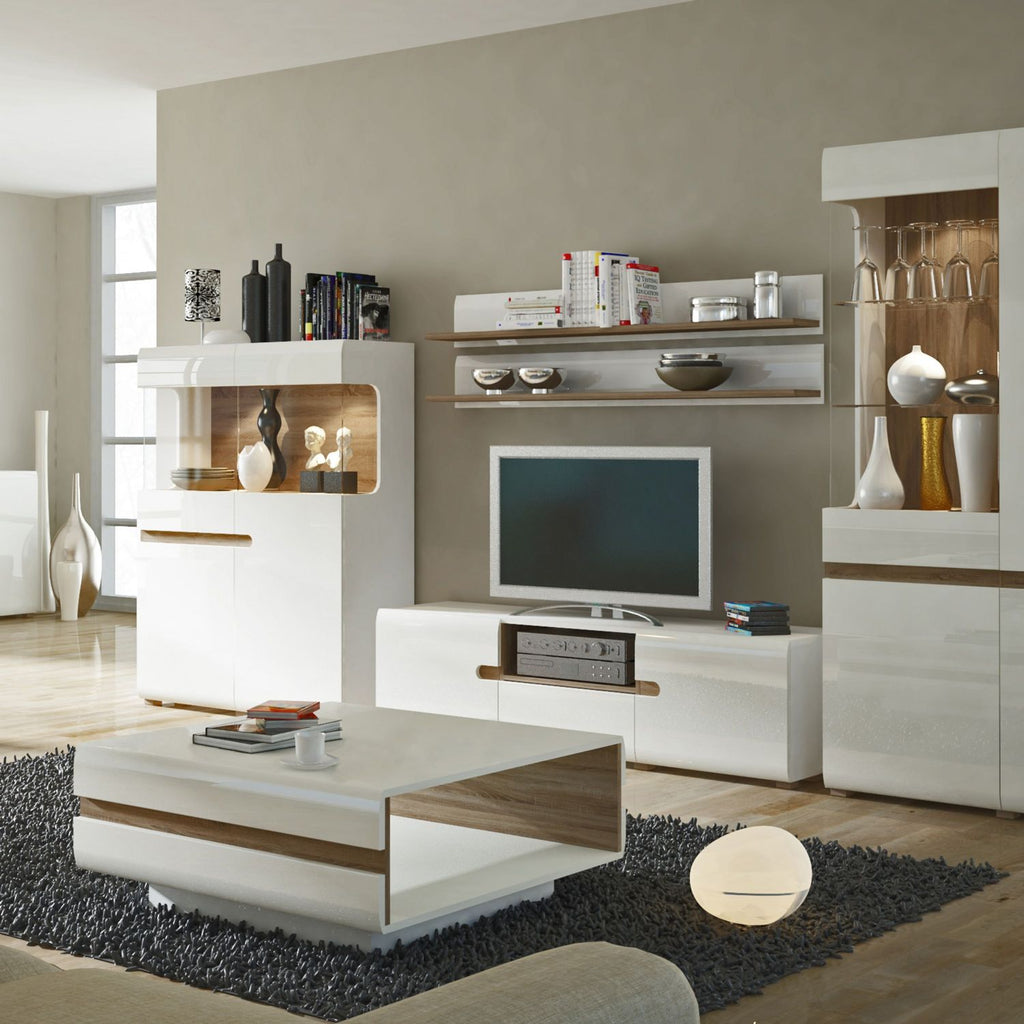 Low Wide White Gloss and Natural Oak Trim TV Unit