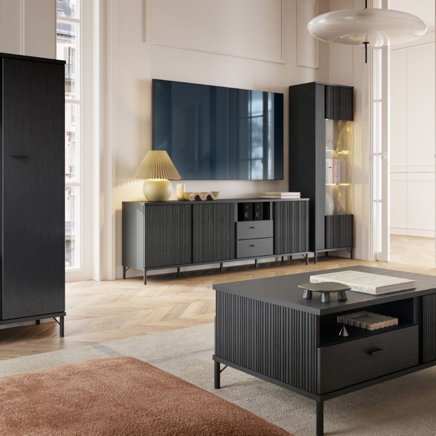 Lusaka TV Cabinet 3 Door 2 Drawer in Black Graphite